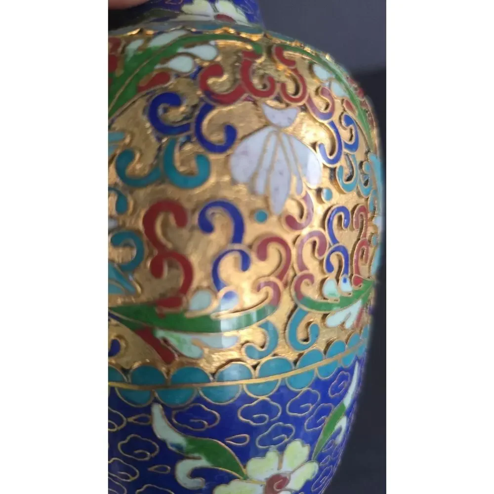 Antique Cloisonne Blue Brass Flower 7